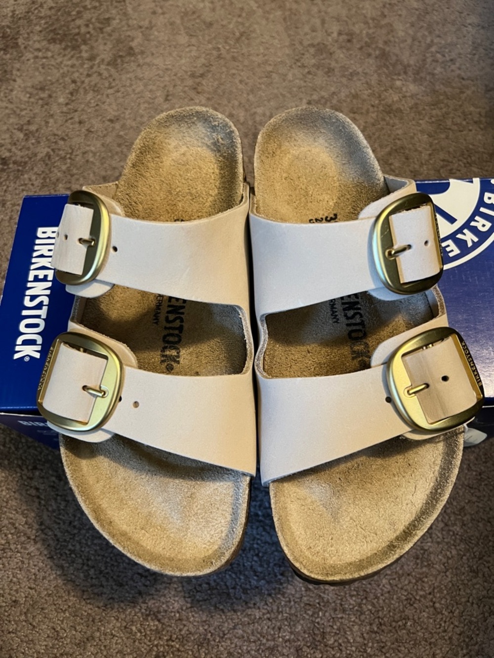 Birkenstock Cream Two-Strap Arizona Sandals with Gold Buckles